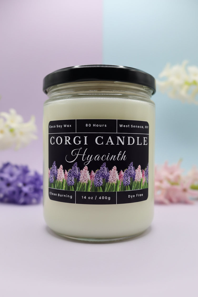 Hyacinth 14 oz soy scented candle by CORGI CANDLE in clear glass jar, fresh floral hyacinth fragrance, eco-friendly hand poured candle made in West Seneca New York