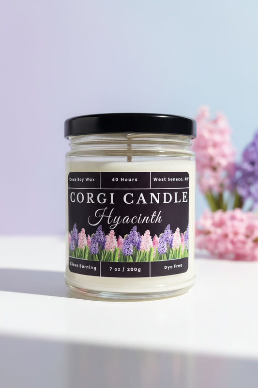 Hyacinth 7 oz soy scented candle by CORGI CANDLE in clear glass jar, fresh floral hyacinth fragrance, eco-friendly hand poured candle made in West Seneca New York