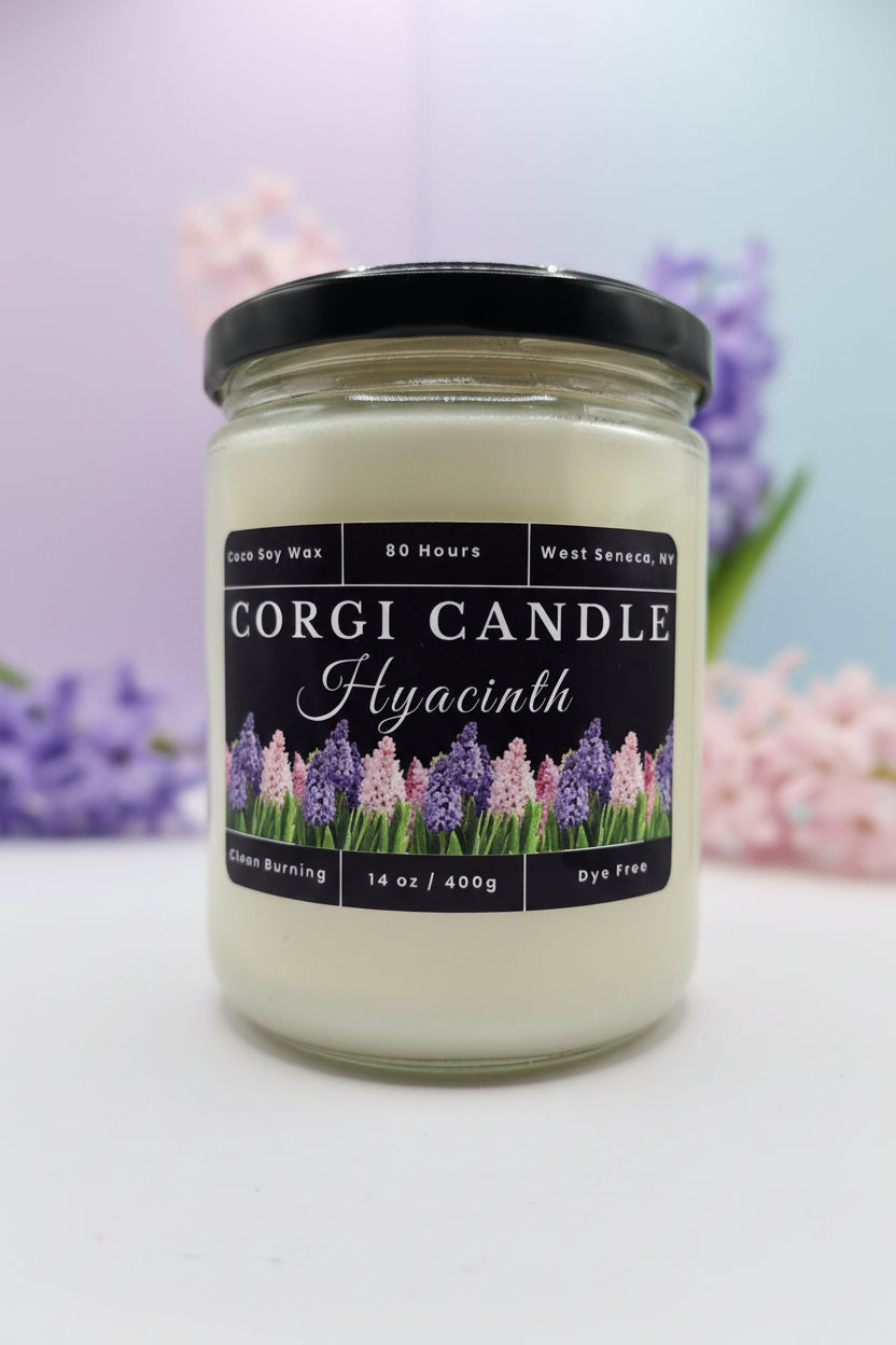 Hyacinth 14 oz soy scented candle by CORGI CANDLE in clear glass jar, fresh floral hyacinth fragrance, eco-friendly hand poured candle made in West Seneca New York