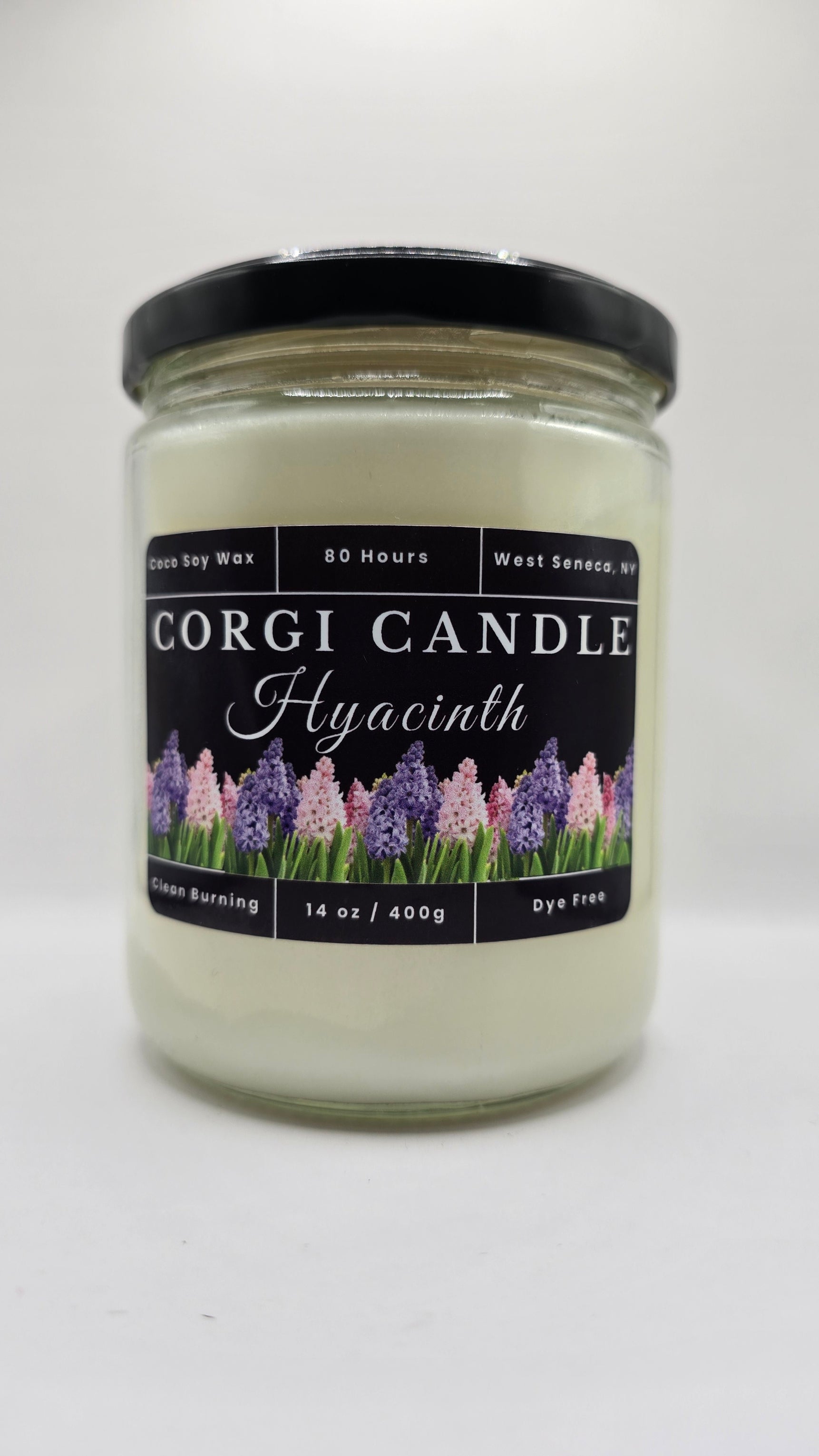 Hyacinth 14 oz soy scented candle by CORGI CANDLE in clear glass jar, fresh floral hyacinth fragrance, eco-friendly hand poured candle made in West Seneca New York