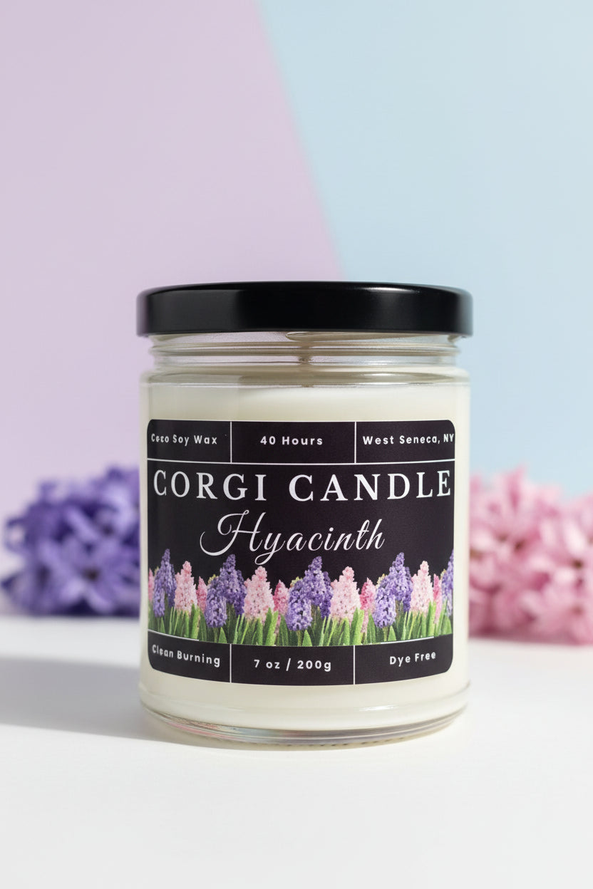 Hyacinth 7 oz soy scented candle by CORGI CANDLE in clear glass jar, fresh floral hyacinth fragrance, eco-friendly hand poured candle made in West Seneca New York