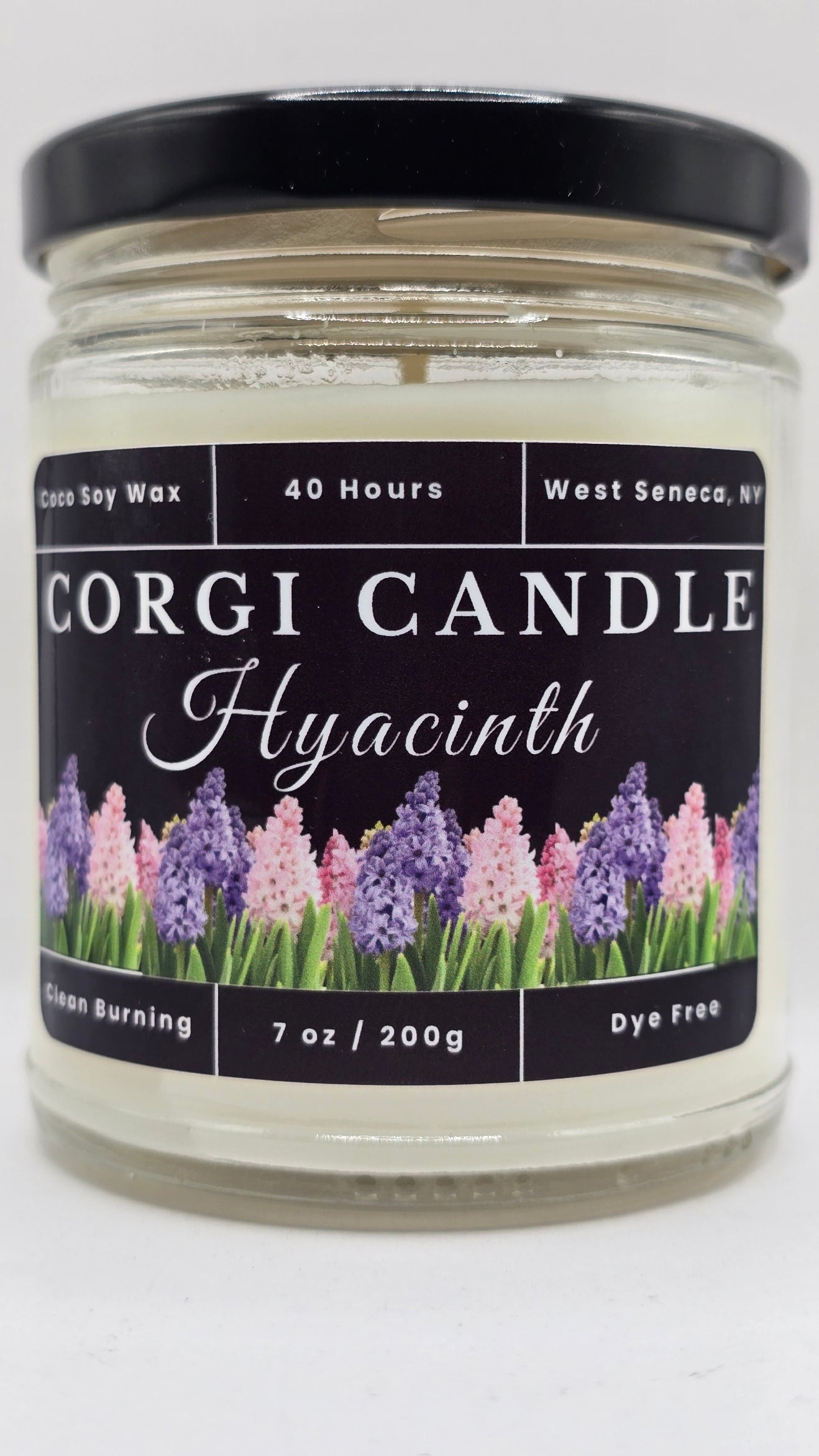 Hyacinth 7 oz soy scented candle by CORGI CANDLE in clear glass jar, fresh floral hyacinth fragrance, eco-friendly hand poured candle made in West Seneca New York