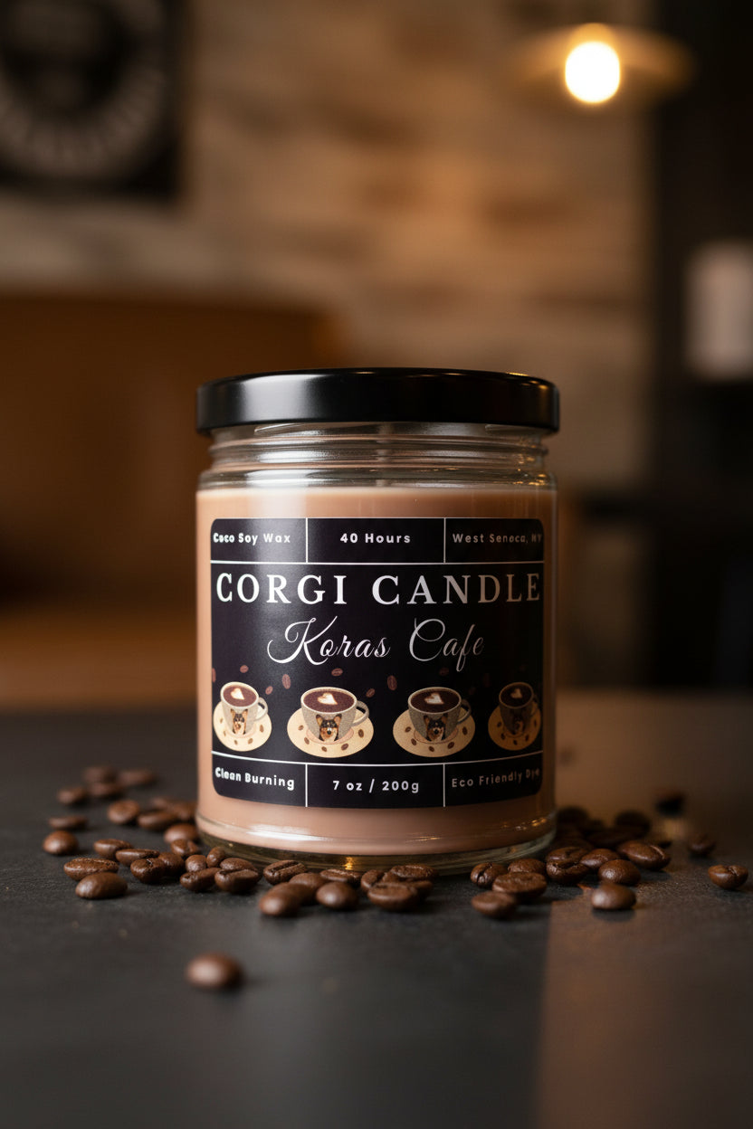 Kora's Café 7 oz soy scented candle by CORGI CANDLE in clear glass jar, rich coffee and vanilla fragrance, eco-friendly candle hand poured in West Seneca New York
