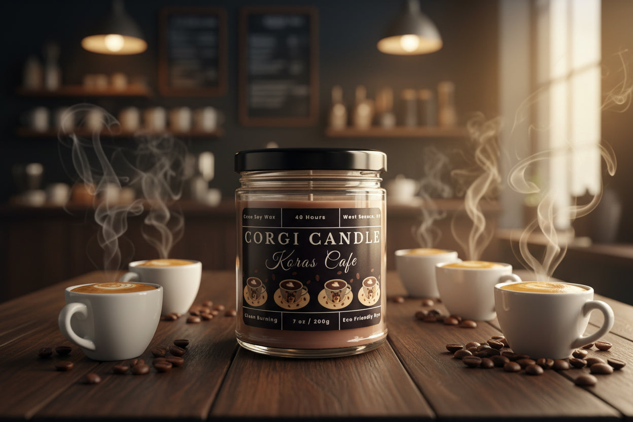 Kora's Café 7 oz soy scented candle by CORGI CANDLE in clear glass jar, rich coffee and vanilla fragrance, eco-friendly candle hand poured in West Seneca New York