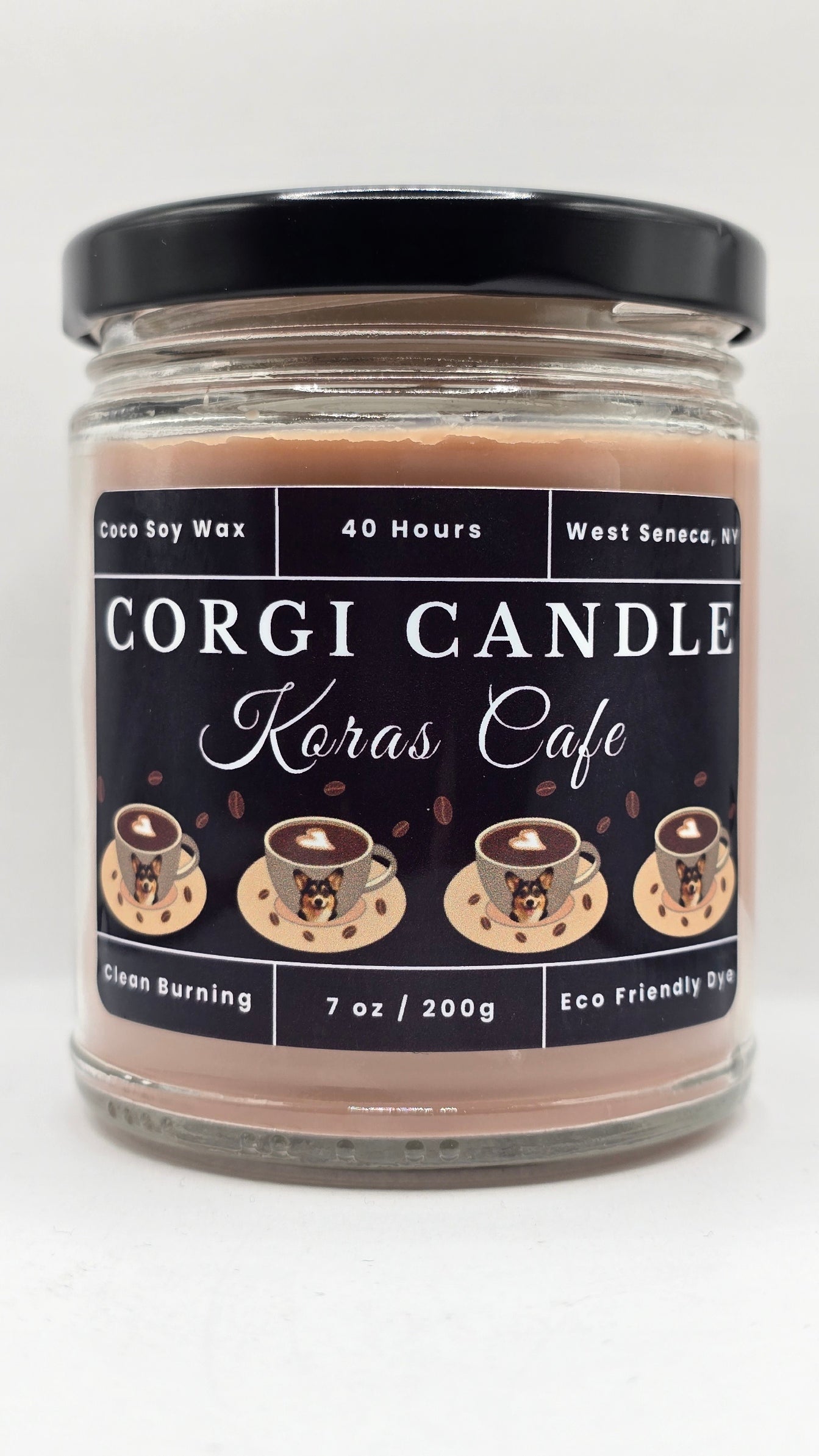 Kora's Café 7 oz soy scented candle by CORGI CANDLE in clear glass jar, rich coffee and vanilla fragrance, eco-friendly candle hand poured in West Seneca New York