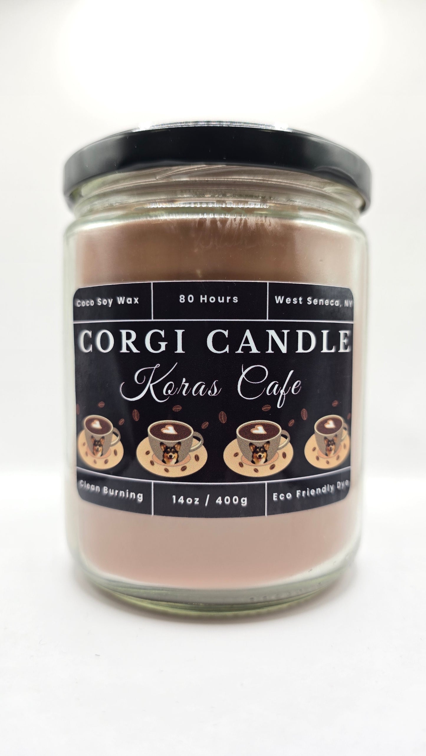 Kora's Café 14 oz soy scented candle by CORGI CANDLE in large clear glass jar, rich coffee and vanilla fragrance, eco-friendly candle hand poured in West Seneca New York