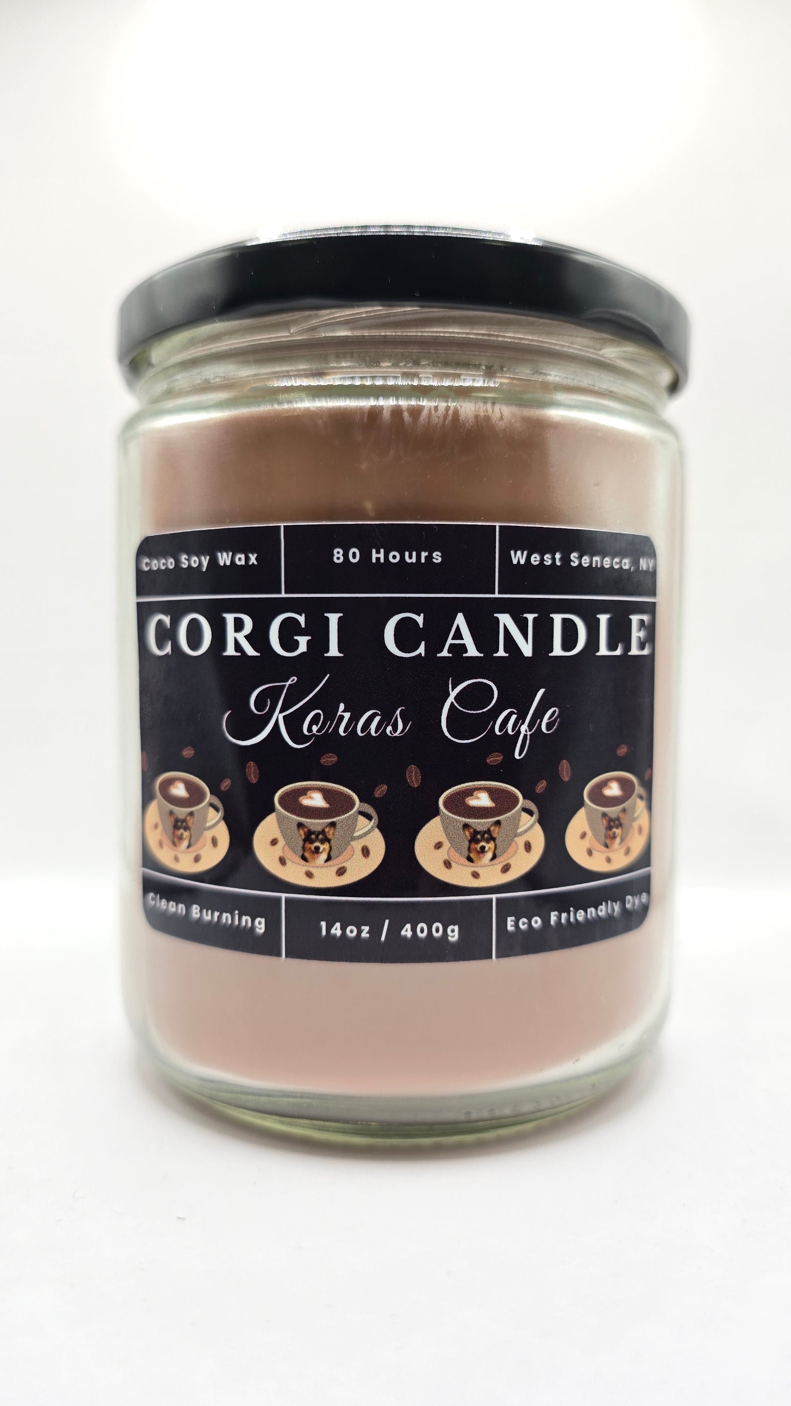 Kora's Café 14 oz soy scented candle by CORGI CANDLE in large clear glass jar, rich coffee and vanilla fragrance, eco-friendly candle hand poured in West Seneca New York