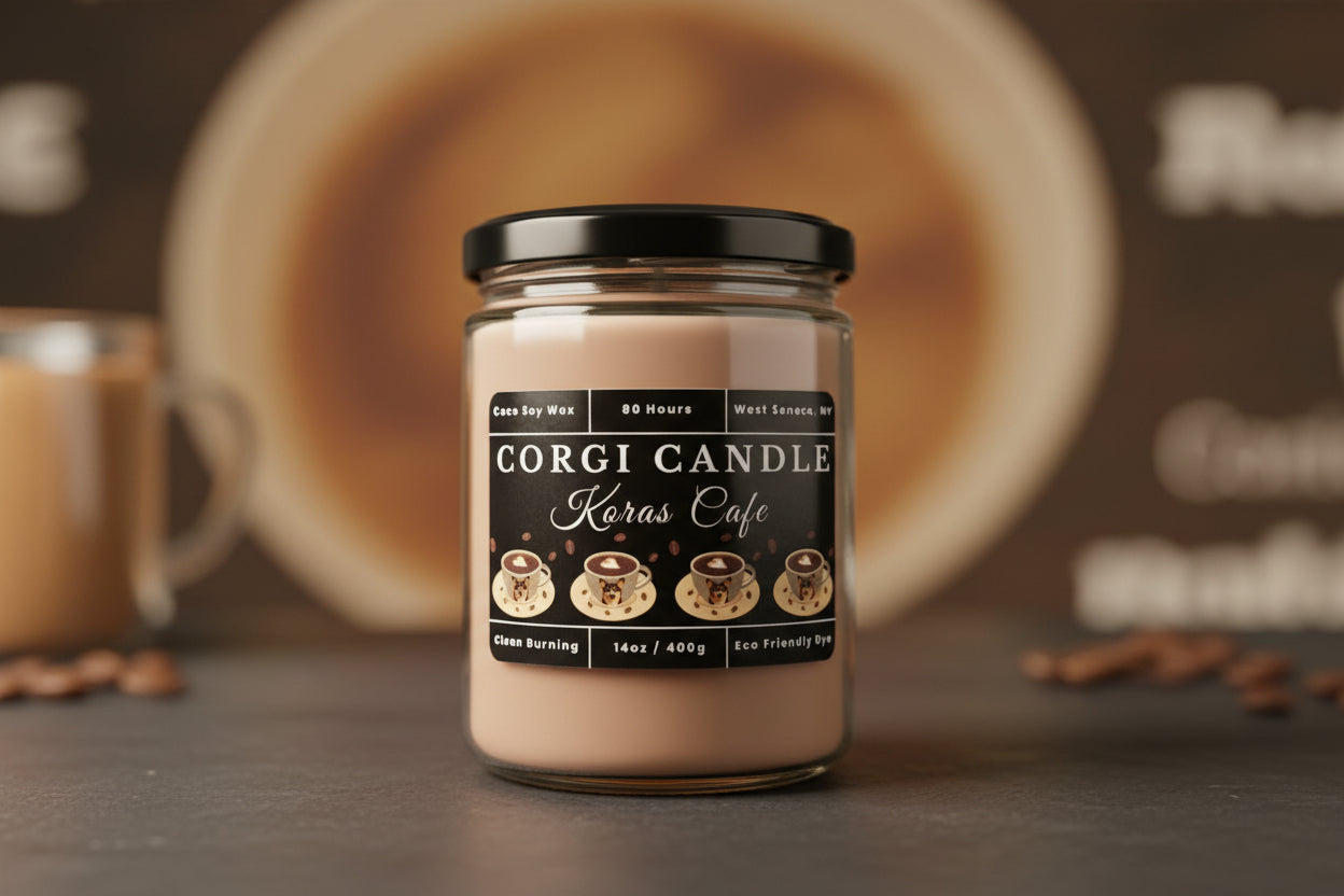 Kora's Café 14 oz soy scented candle by CORGI CANDLE in large clear glass jar, rich coffee and vanilla fragrance, eco-friendly candle hand poured in West Seneca New York