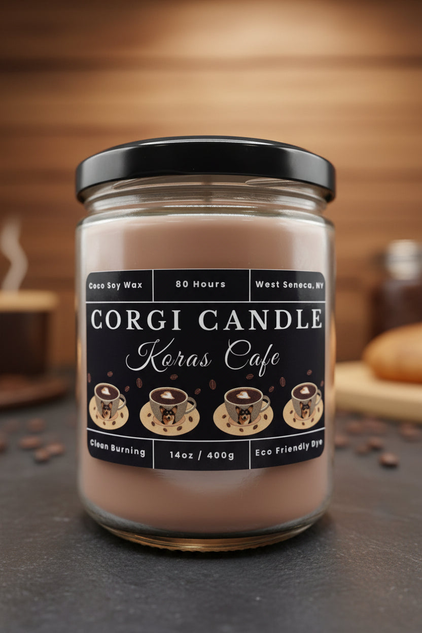 Kora's Café 14 oz soy scented candle by CORGI CANDLE in large clear glass jar, rich coffee and vanilla fragrance, eco-friendly candle hand poured in West Seneca New York