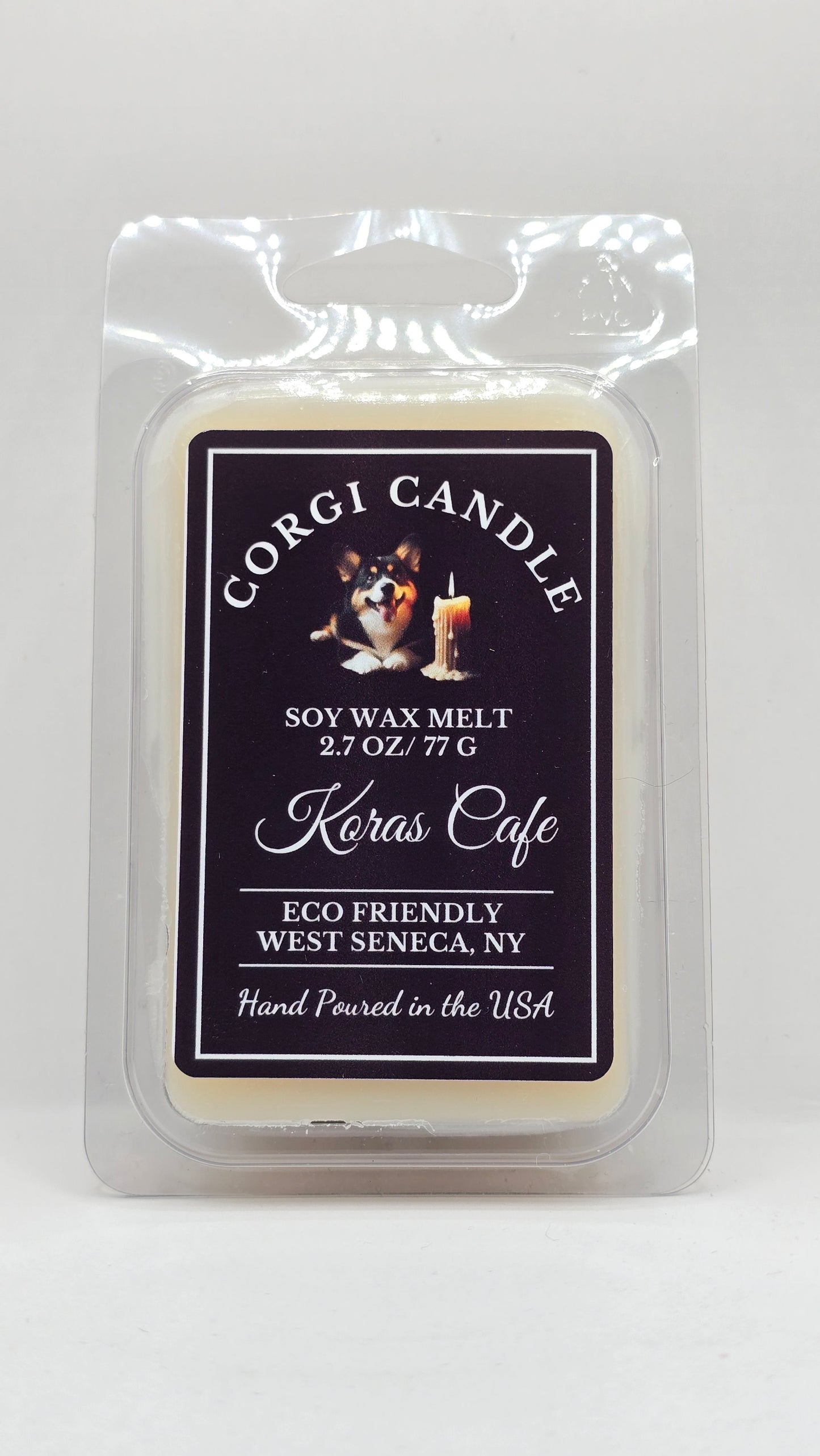 Kora's Café soy wax melt by CORGI CANDLE in clamshell packaging, coffee scented wax melts with espresso, caramel, and vanilla fragrance, hand poured in West Seneca New York