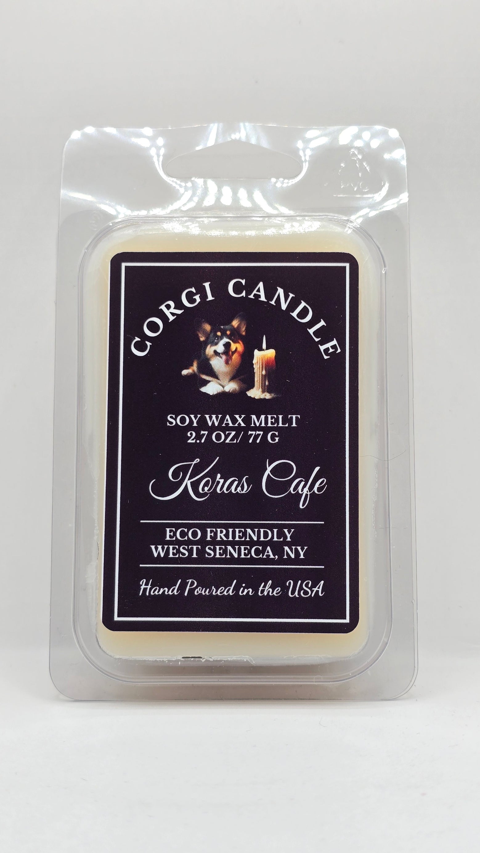 Kora's Café soy wax melt by CORGI CANDLE in clamshell packaging, coffee scented wax melts with espresso, caramel, and vanilla fragrance, hand poured in West Seneca New York