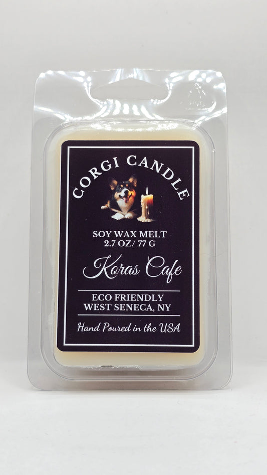 Kora's Café soy wax melt by CORGI CANDLE in clamshell packaging, coffee scented wax melts with espresso, caramel, and vanilla fragrance, hand poured in West Seneca New York