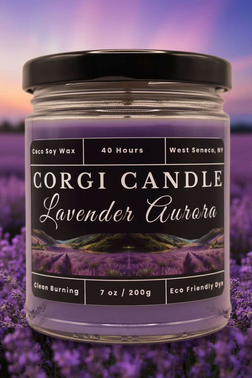 Lavender Aurora 7 oz soy scented candle by CORGI CANDLE in clear glass jar, relaxing lavender fragrance, eco-friendly candle hand poured in West Seneca New York