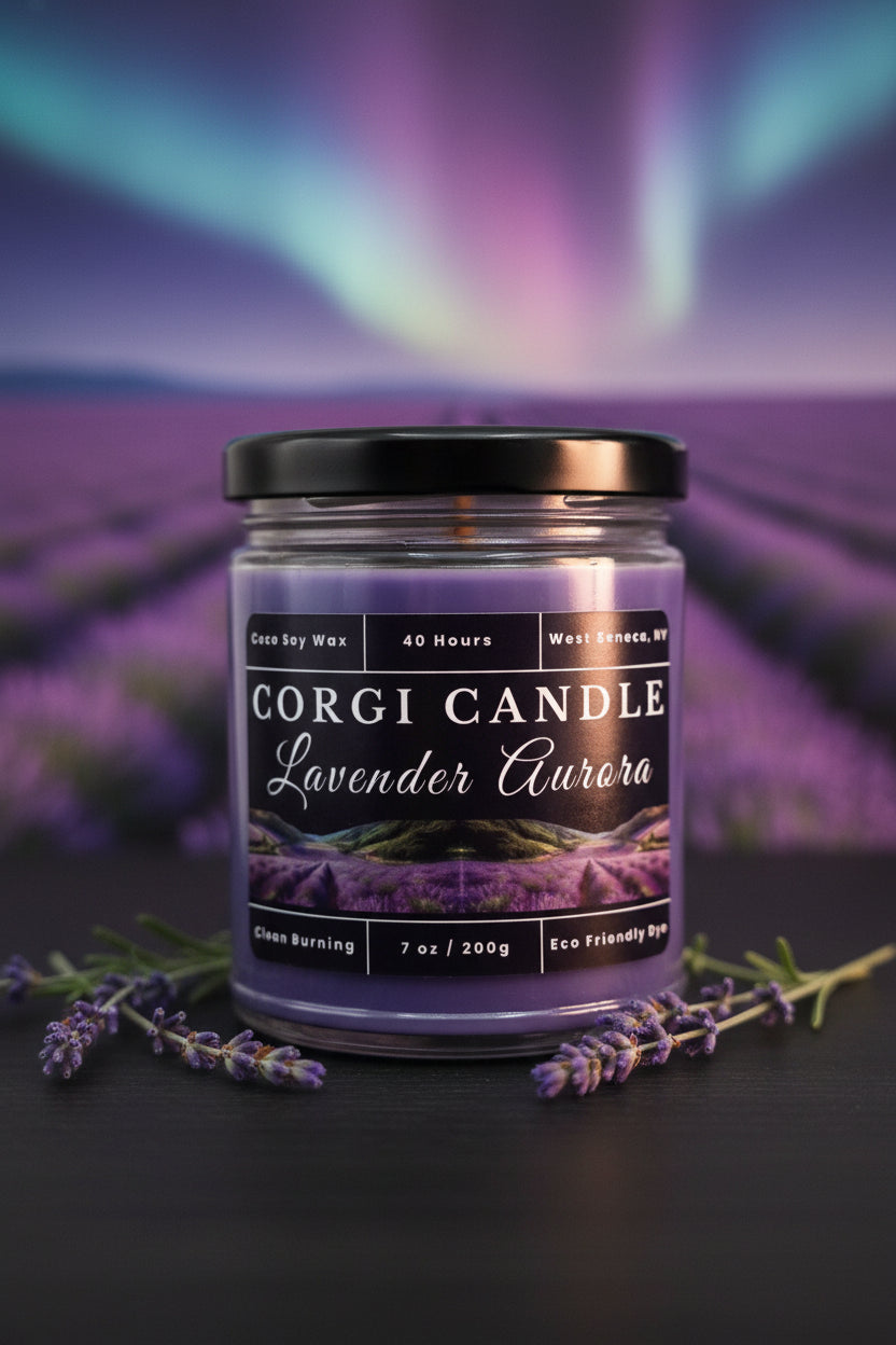 Lavender Aurora 7 oz soy scented candle by CORGI CANDLE in clear glass jar, relaxing lavender fragrance, eco-friendly candle hand poured in West Seneca New York