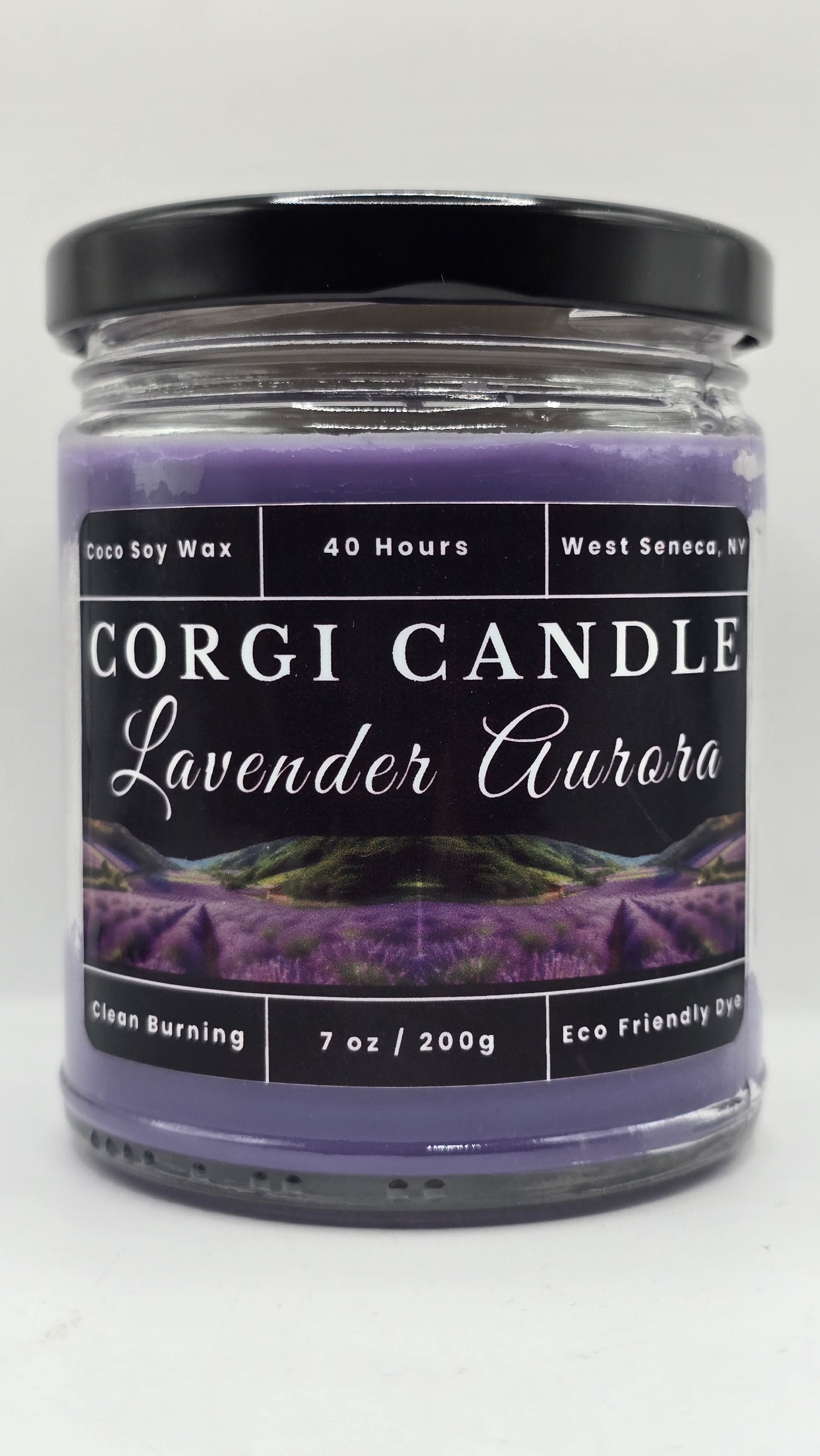 Lavender Aurora 7 oz soy scented candle by CORGI CANDLE in clear glass jar, relaxing lavender fragrance, eco-friendly candle hand poured in West Seneca New York