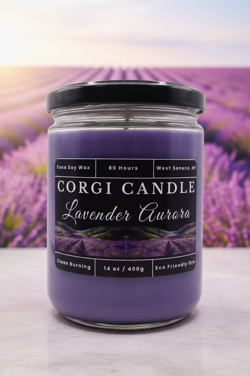 Lavender Aurora 14 oz soy scented candle by CORGI CANDLE in clear glass jar, lavender fragrance candle, eco friendly candle hand poured in West Seneca New York