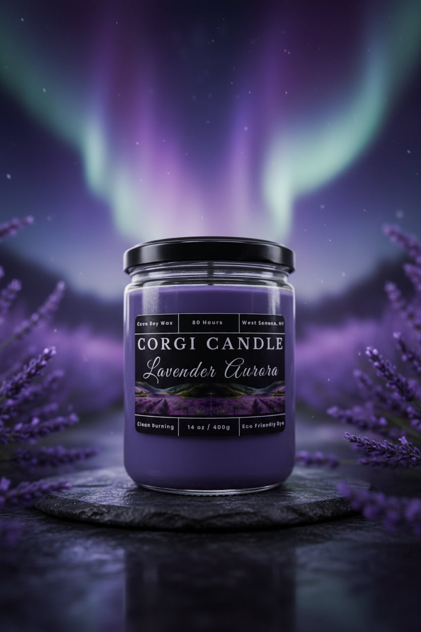 Lavender Aurora 14 oz soy scented candle by CORGI CANDLE in clear glass jar, lavender fragrance candle, eco friendly candle hand poured in West Seneca New York