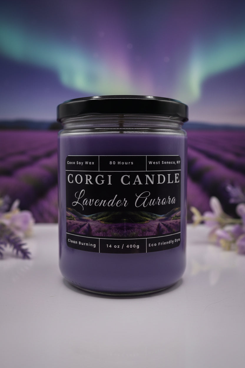 Lavender Aurora 14 oz soy scented candle by CORGI CANDLE in clear glass jar, lavender fragrance candle, eco-friendly candle hand poured in West Seneca New York
