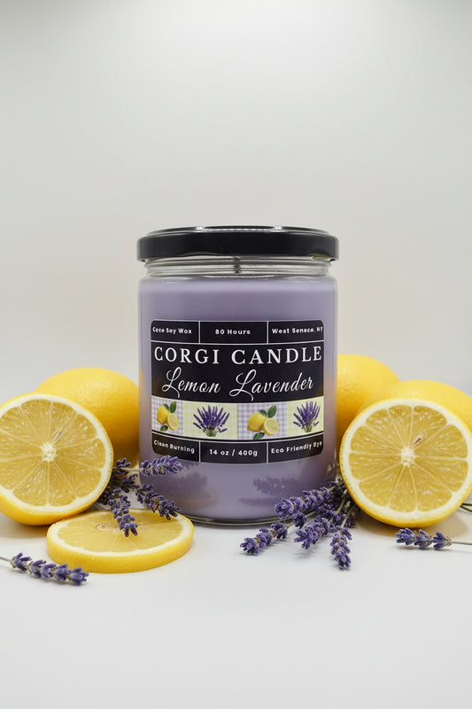 14 oz Lemon Lavender Soy Scented Candle by CORGI CANDLE in clear glass jar with lid, eco-friendly hand-poured candle made in West Seneca NY