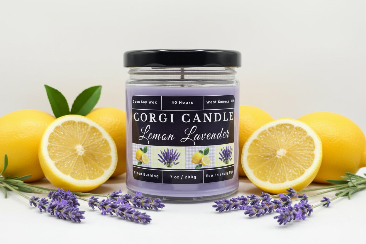 7 oz Lemon Lavender Soy Scented Candle by CORGI CANDLE in clear glass jar with lid, eco-friendly hand-poured candle made in West Seneca NY