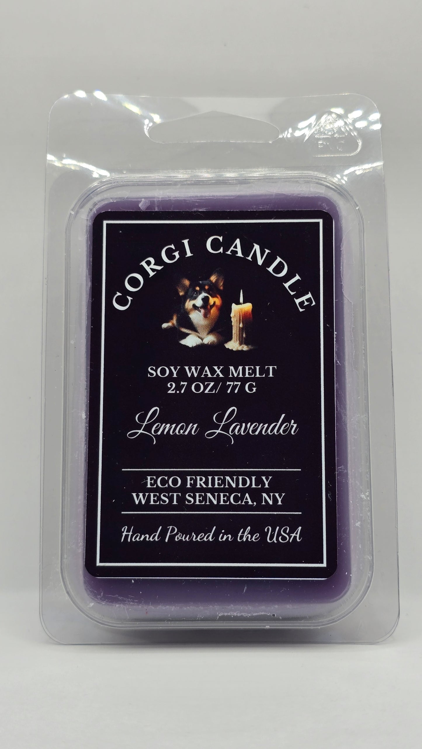 Lemon Lavender soy wax melt by CORGI CANDLE in clear clamshell packaging with black label, 2.7 oz hand-poured in West Seneca, NY.