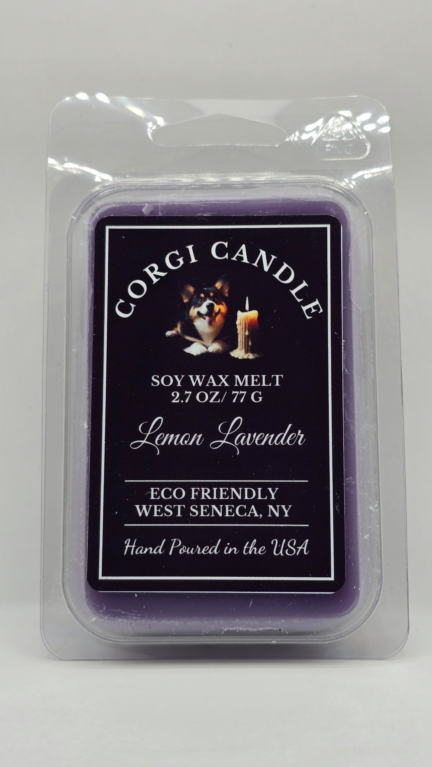 Lemon Lavender soy wax melt by CORGI CANDLE in clear clamshell packaging with black label, 2.7 oz hand-poured in West Seneca, NY.