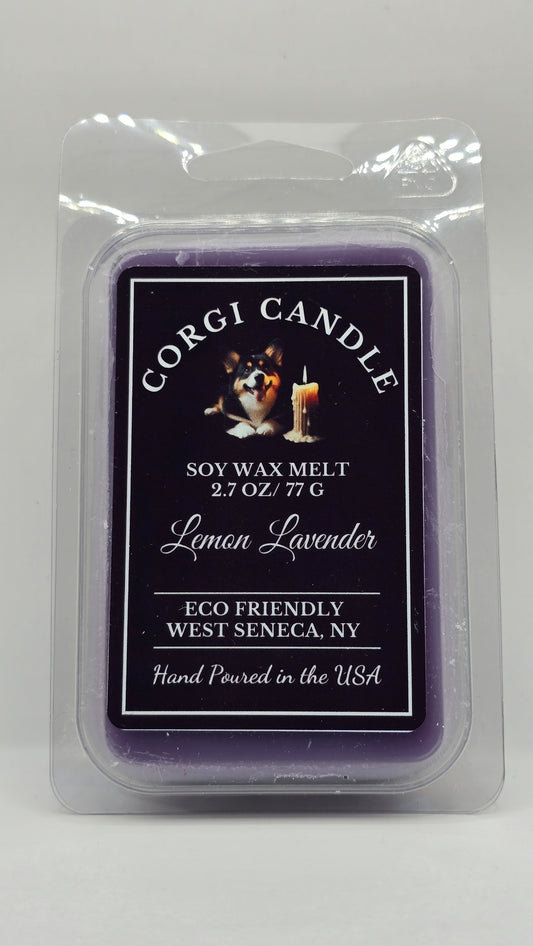 Lemon Lavender soy wax melt by CORGI CANDLE in clear clamshell packaging with black label, 2.7 oz hand-poured in West Seneca, NY.