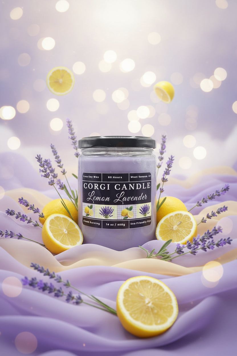 14 oz Lemon Lavender Soy Scented Candle by CORGI CANDLE in clear glass jar with lid, eco-friendly hand-poured candle made in West Seneca NY