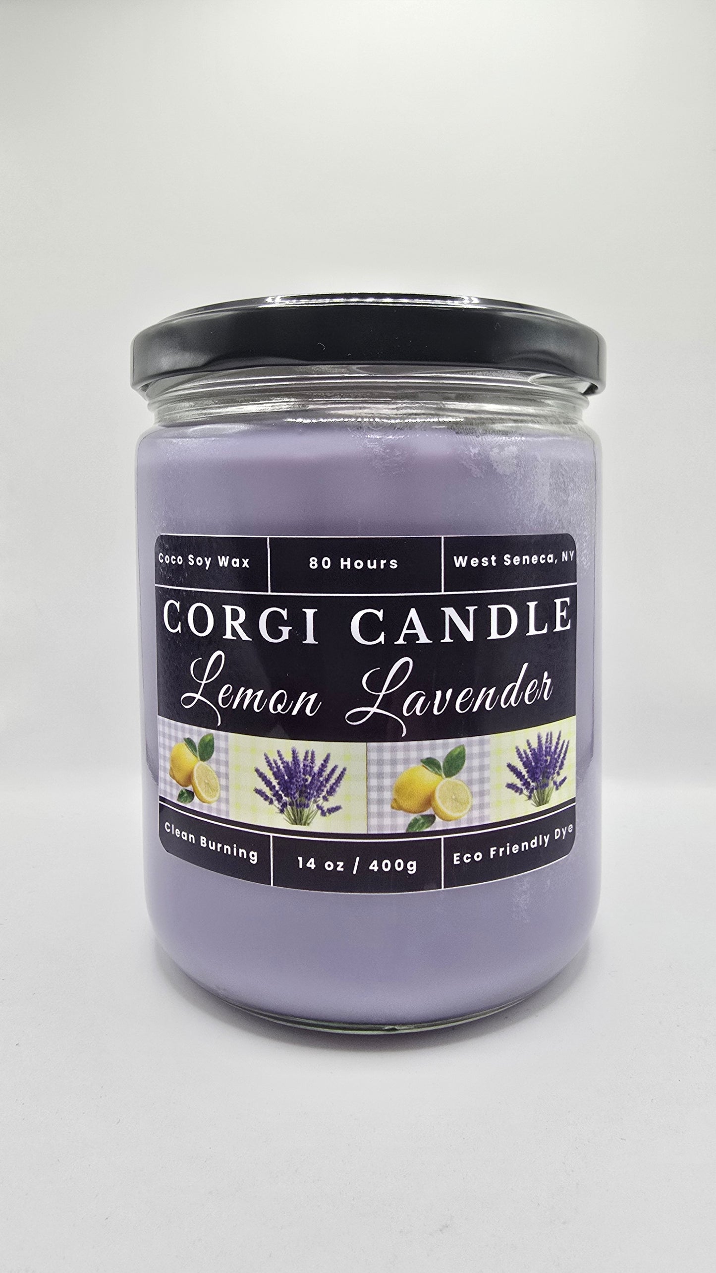 14 oz Lemon Lavender Soy Scented Candle by CORGI CANDLE in clear glass jar with lid, eco-friendly hand-poured candle made in West Seneca NY
