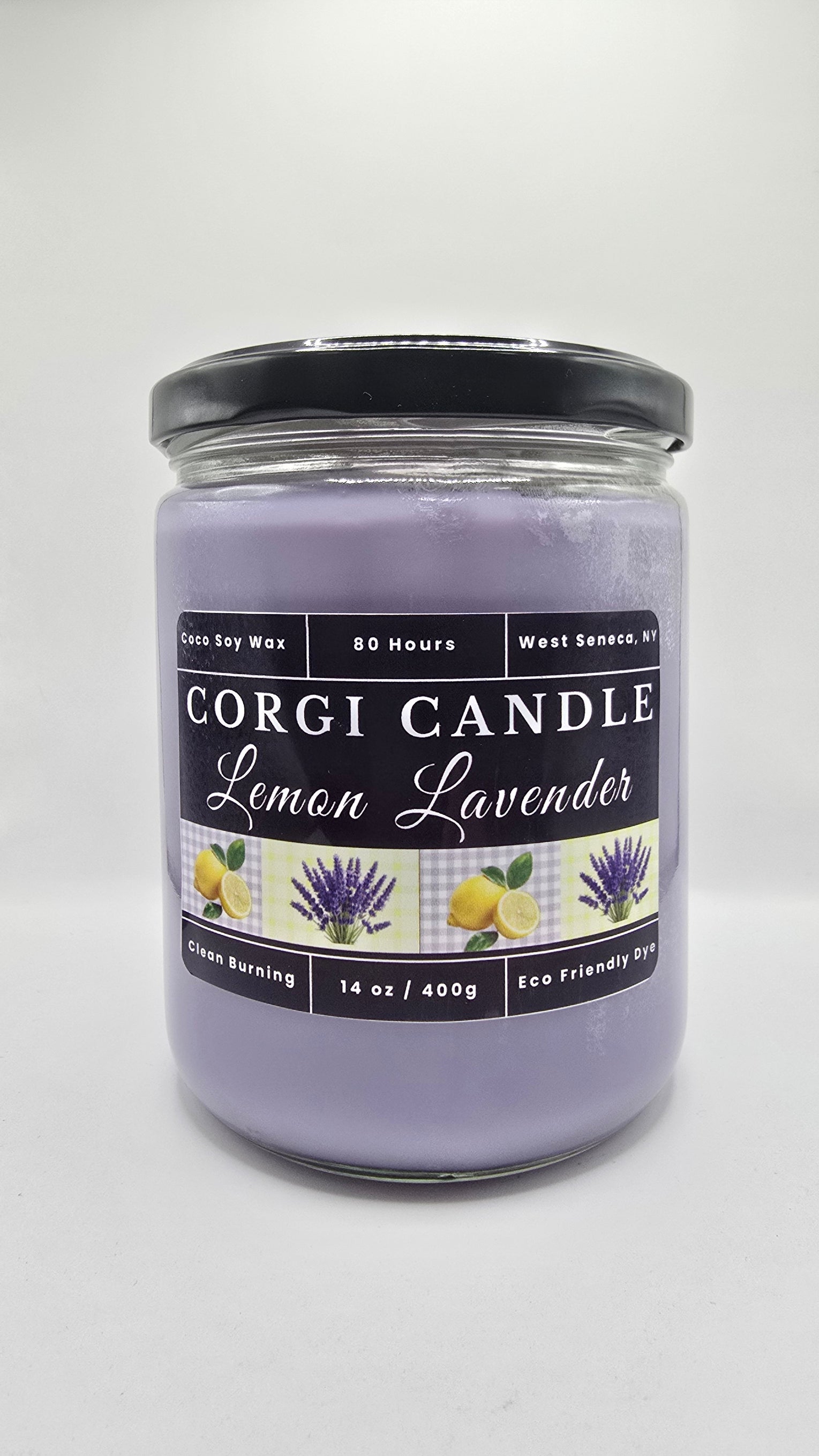 14 oz Lemon Lavender Soy Scented Candle by CORGI CANDLE in clear glass jar with lid, eco-friendly hand-poured candle made in West Seneca NY