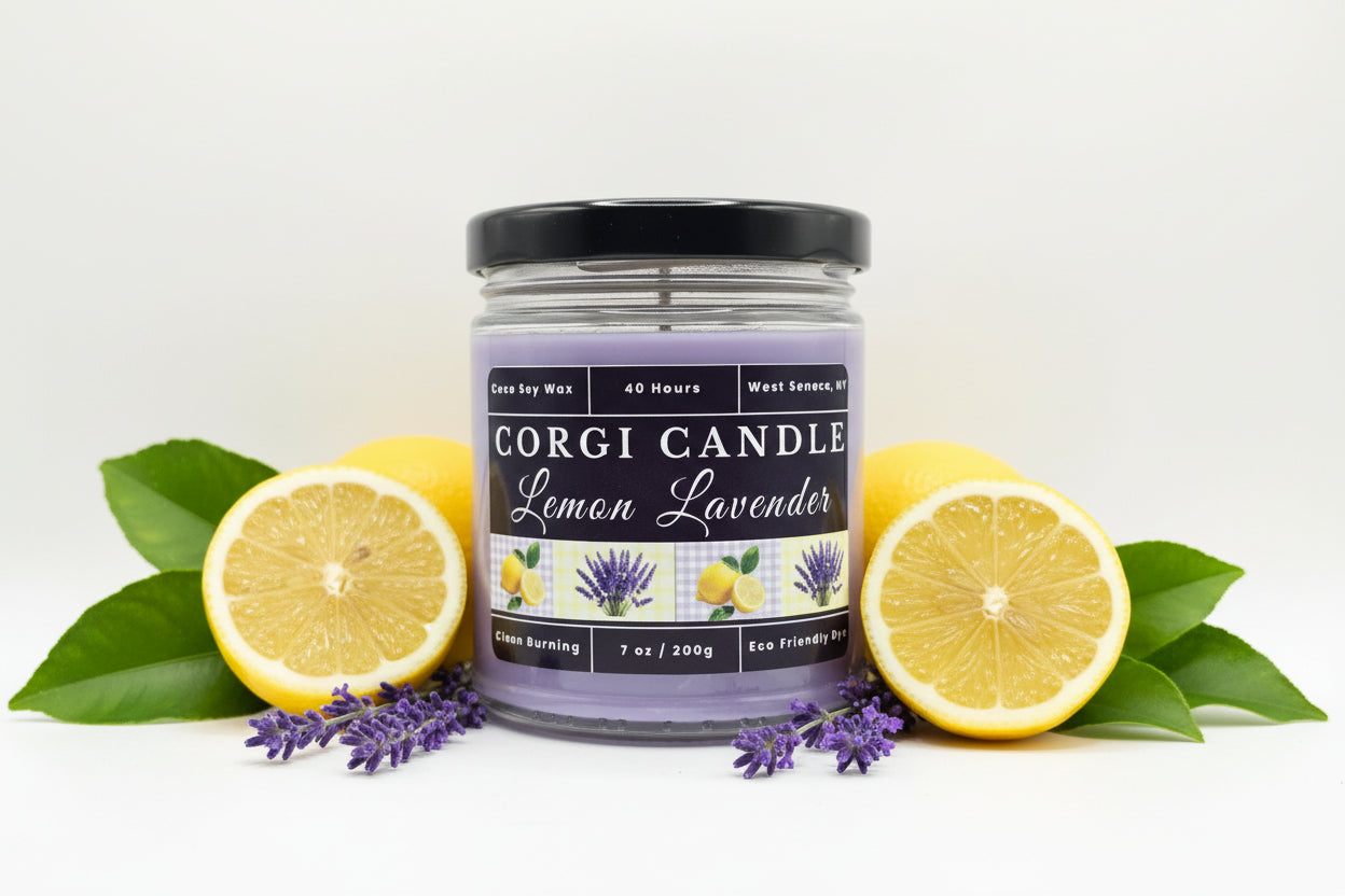 7 oz Lemon Lavender Soy Scented Candle by CORGI CANDLE in clear glass jar with lid, eco-friendly hand-poured candle made in West Seneca NY