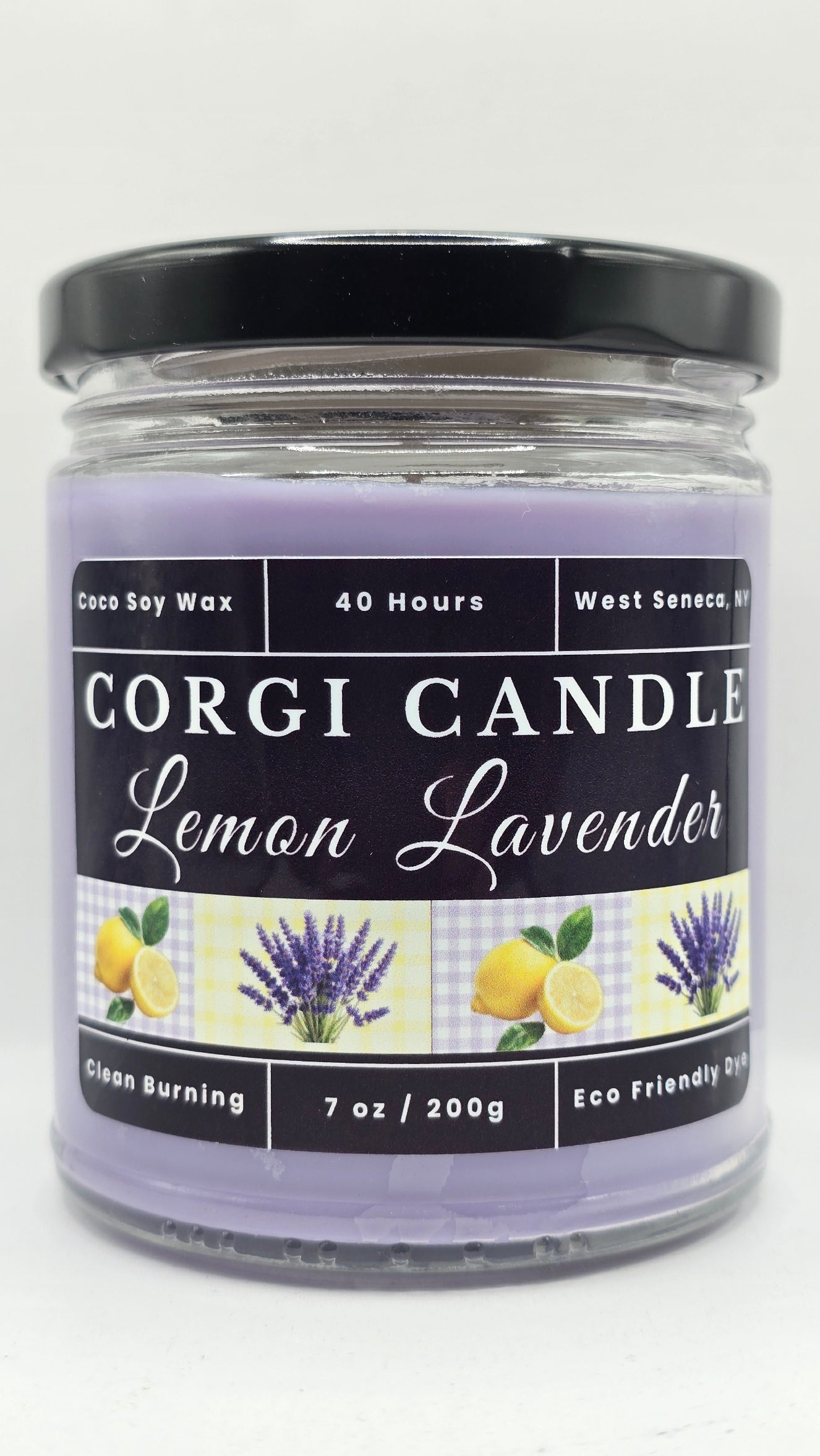 7 oz Lemon Lavender Soy Scented Candle by CORGI CANDLE in clear glass jar with lid, eco-friendly hand-poured candle made in West Seneca NY
