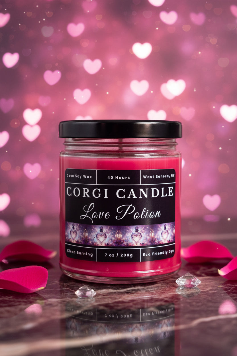 Love Potion 7 oz soy scented candle by CORGI CANDLE in clear glass jar, romantic pink fragrance candle, eco-friendly candle hand poured in West Seneca New York