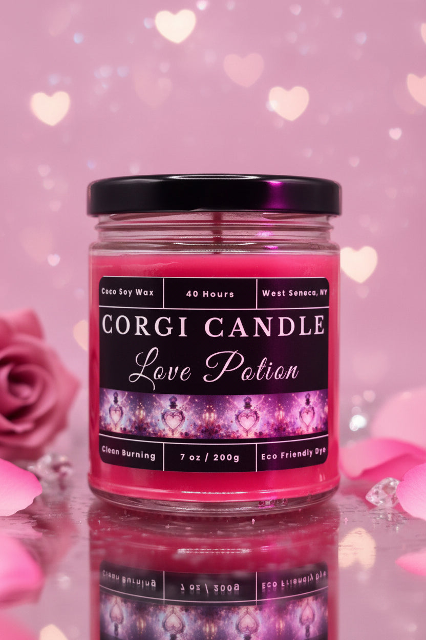 Love Potion 7 oz soy scented candle by CORGI CANDLE in clear glass jar, romantic pink fragrance candle, eco-friendly candle hand poured in West Seneca New York