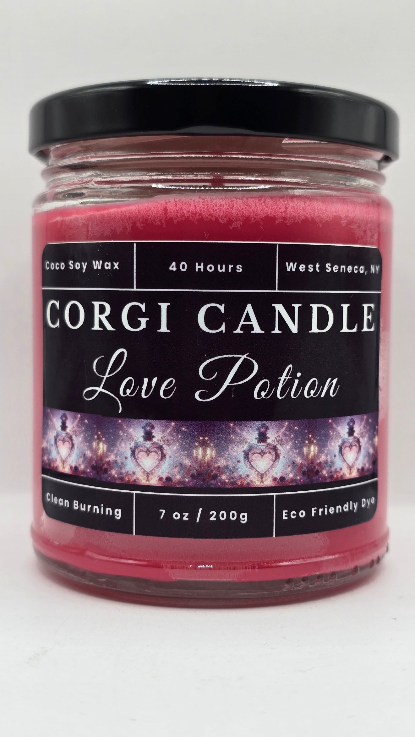 Love Potion 7 oz soy scented candle by CORGI CANDLE in clear glass jar, romantic pink fragrance candle, eco-friendly candle hand poured in West Seneca New York