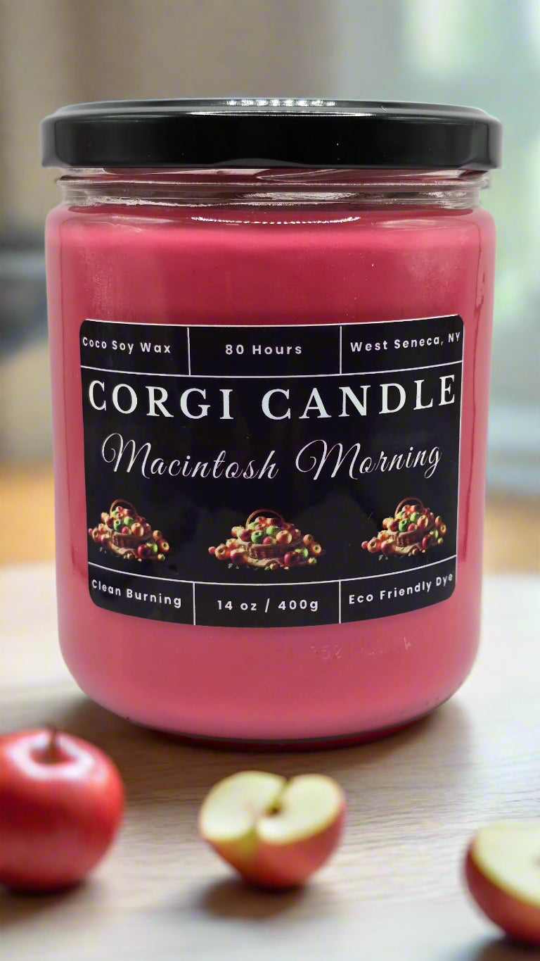 Macintosh Morning 14 oz soy candle by CORGI CANDLE in reusable glass jar with fresh apple scent and eco-friendly ingredients