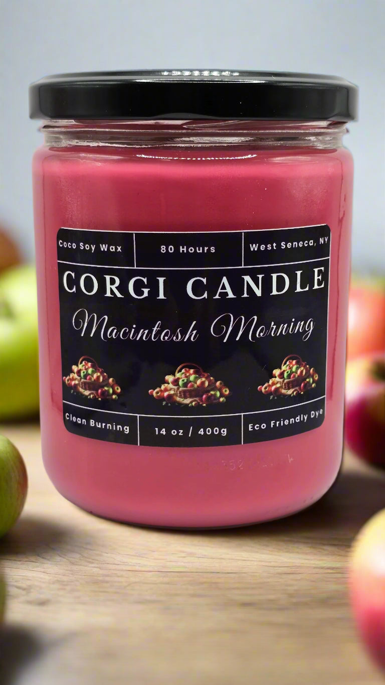 Macintosh Morning 14 oz soy candle by CORGI CANDLE in reusable glass jar with fresh apple scent and eco-friendly ingredients