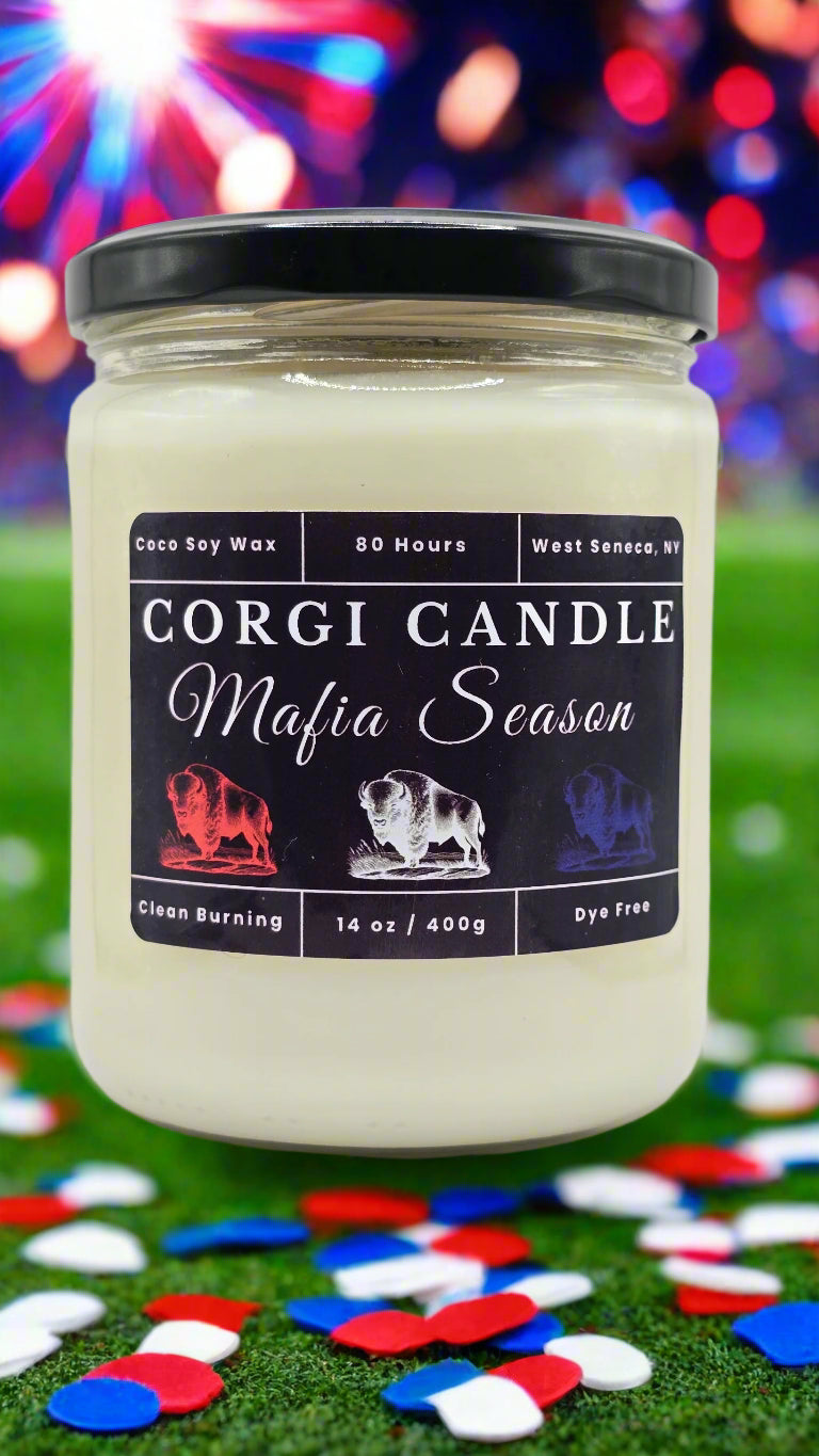 Candle jar with a label on a white background