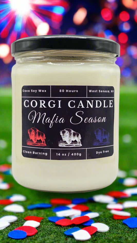 Candle jar with a label on a white background