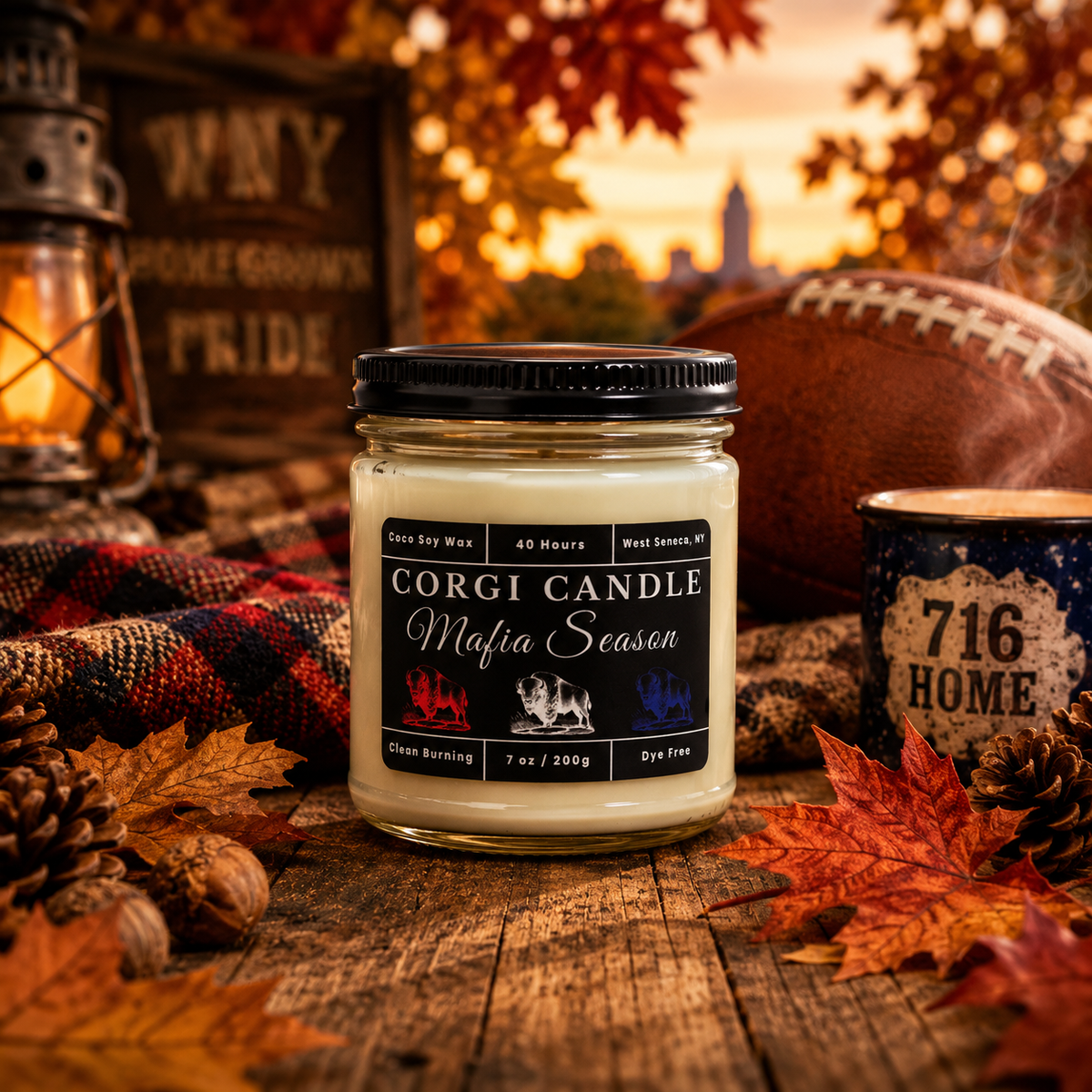 A jar candle labeled 'Corgi Candle Mafia Season' sits on a rustic wooden surface surrounded by autumn leaves, pinecones, a football, a lantern, and a mug in an outdoor fall scene.