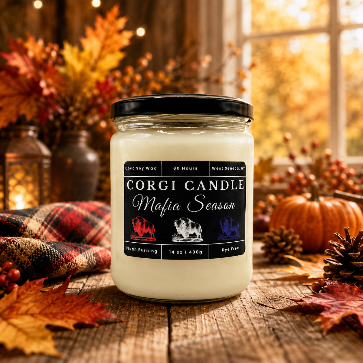 CORGI CANDLE Mafia Season 14 oz coco soy wax candle displayed on a rustic wooden table with cozy autumn décor, fall leaves, pumpkins, and warm seasonal lighting.