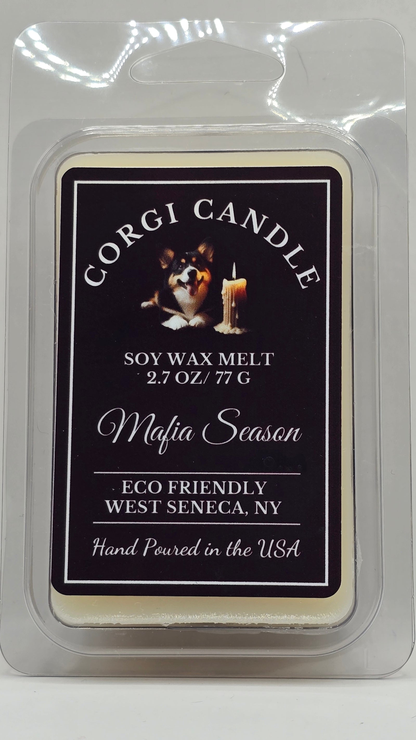 Corgi Candle wax melt packaging with label on a reflective surface
