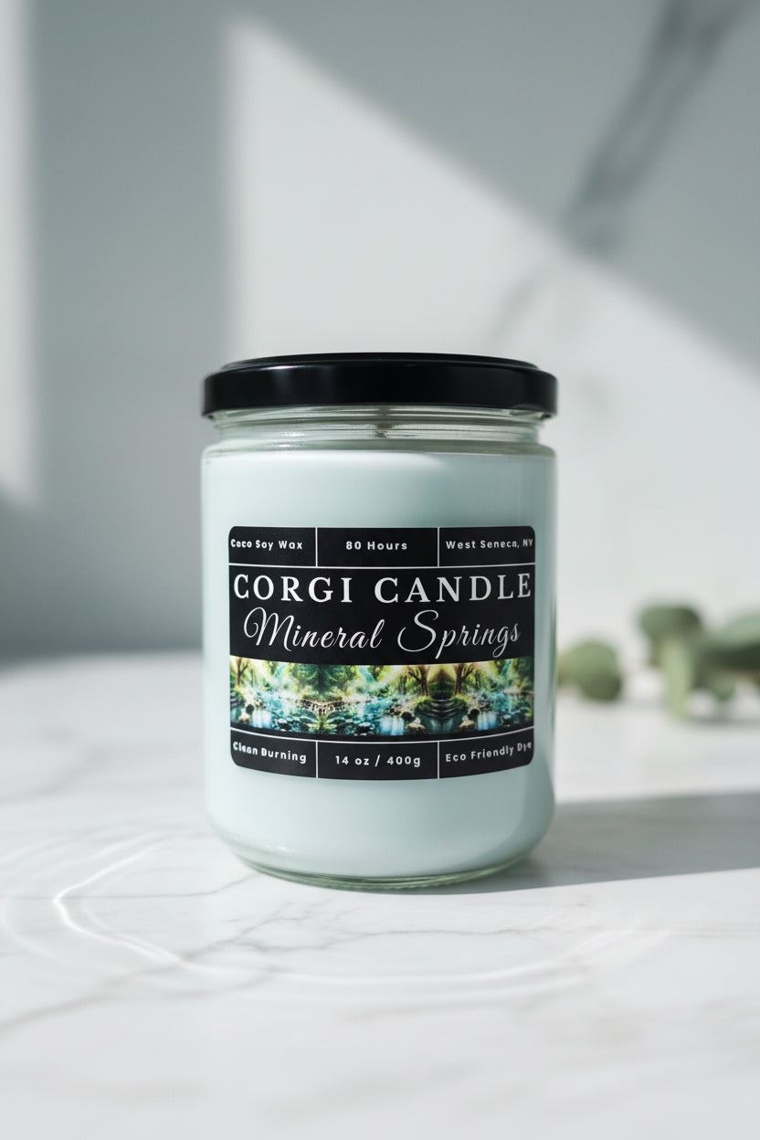 Mineral Springs 14 oz Soy Scented Candle by CORGI CANDLE in large glass jar with lid, fresh clean spa-inspired fragrance, eco-friendly hand-poured candle made in West Seneca NY
