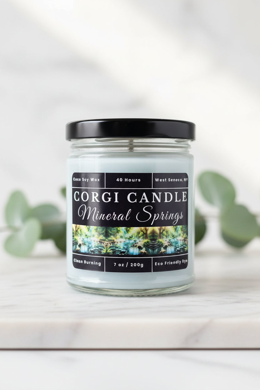 Mineral Springs 7 oz Soy Scented Candle by CORGI CANDLE in large glass jar with lid, fresh clean spa-inspired fragrance, eco-friendly hand-poured candle made in West Seneca NY