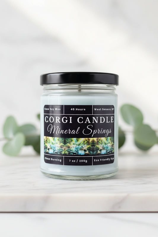 Mineral Springs 7 oz Soy Scented Candle by CORGI CANDLE in large glass jar with lid, fresh clean spa-inspired fragrance, eco-friendly hand-poured candle made in West Seneca NY