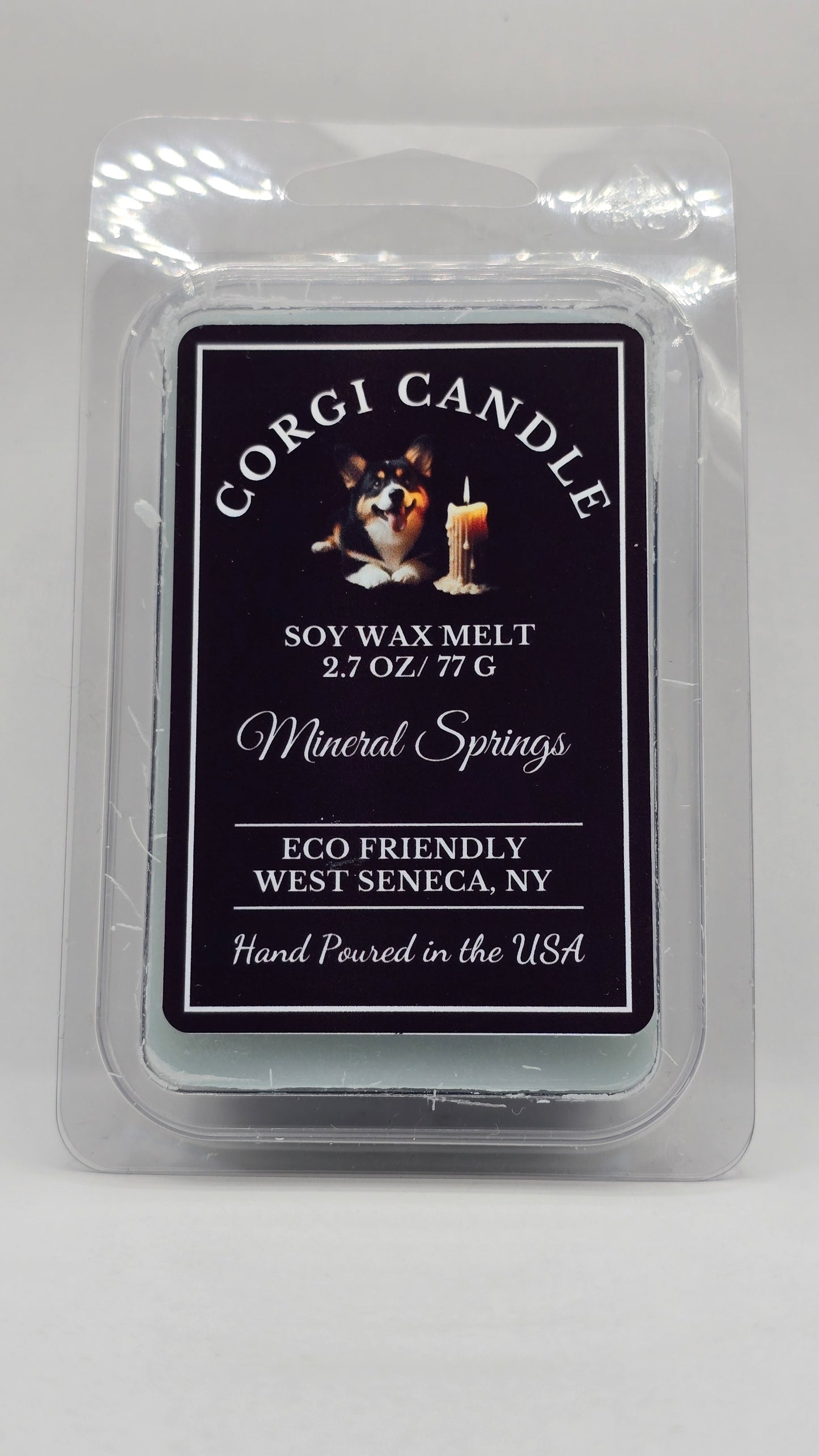 Mineral Springs soy wax melt by CORGI CANDLE in clear clamshell packaging with black label, 2.7 oz hand-poured in West Seneca, NY.