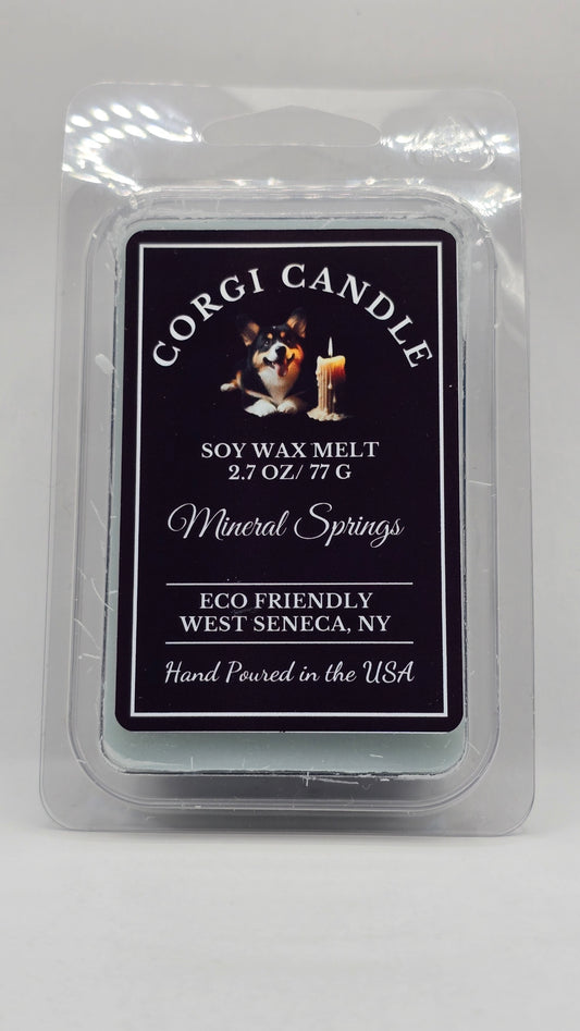 Mineral Springs soy wax melt by CORGI CANDLE in clear clamshell packaging with black label, 2.7 oz hand-poured in West Seneca, NY.