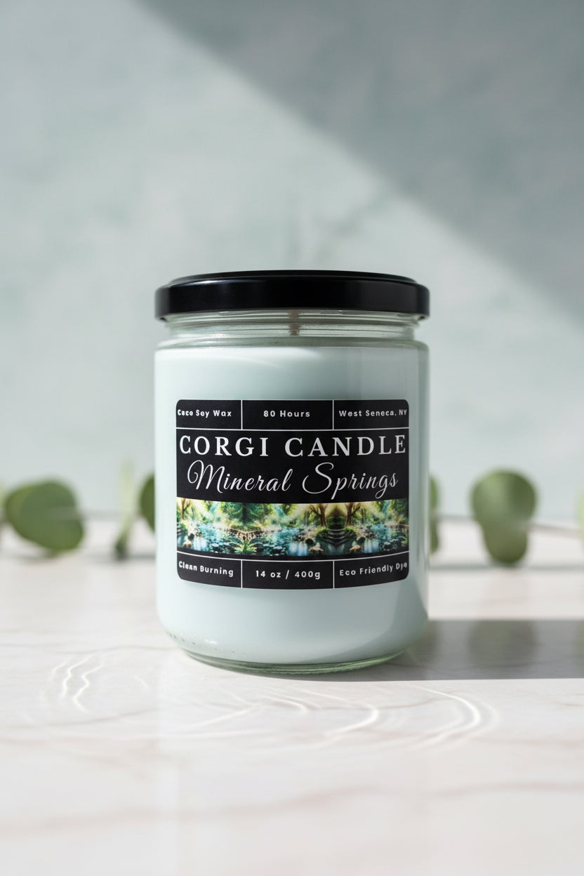 Mineral Springs 14 oz Soy Scented Candle by CORGI CANDLE in large glass jar with lid, fresh clean spa-inspired fragrance, eco-friendly hand-poured candle made in West Seneca NY