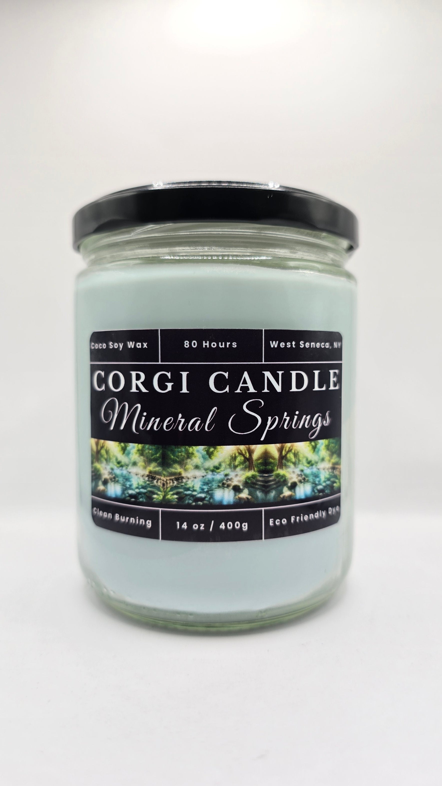 Mineral Springs 14 oz Soy Scented Candle by CORGI CANDLE in large glass jar with lid, fresh clean spa-inspired fragrance, eco-friendly hand-poured candle made in West Seneca NY