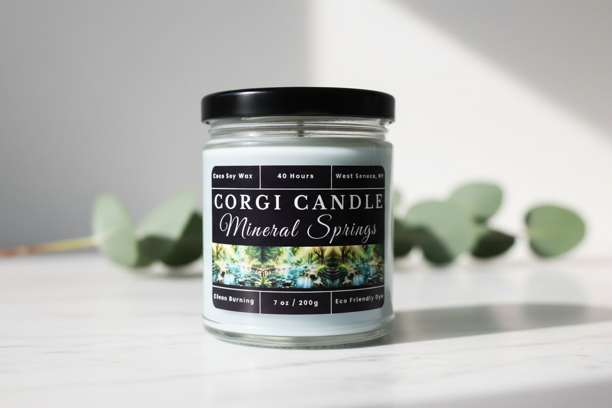 Mineral Springs 7 oz Soy Scented Candle by CORGI CANDLE in large glass jar with lid, fresh clean spa-inspired fragrance, eco-friendly hand-poured candle made in West Seneca NY